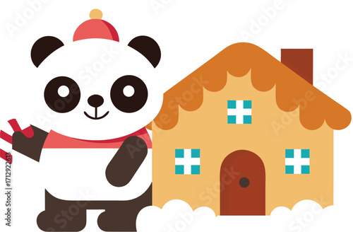Cute panda holding candy cane next to gingerbread house