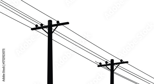 Utility pole silhouettes, power line infrastructure, black and white illustration, electrical distribution system, urban energy layout, engineering perspective design