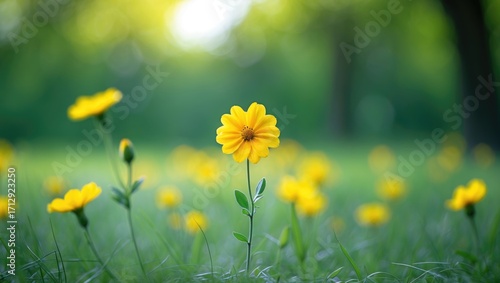 Fototapeta Naklejka Na Ścianę i Meble -  Bright yellow flower with a soft green blurred background