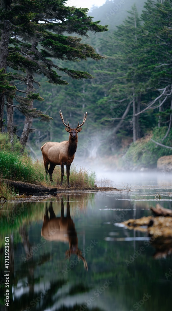 Fototapeta premium Misty forest lake at sunrise with majestic wild deer standing near the water, serene nature landscape scene perfect for wilderness, travel, and wildlife themes