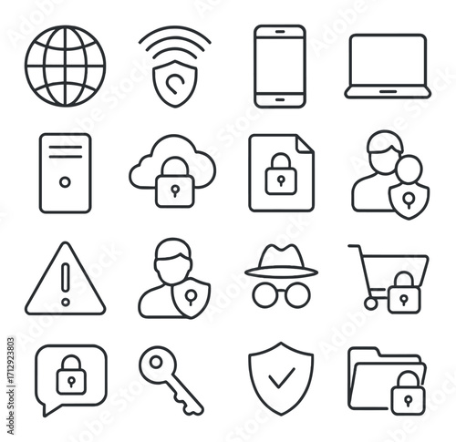Secure internet network icons: privacy, safety, encryption, cloud, access control symbols
