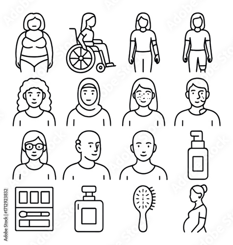 Diverse female characters and beauty accessories in line art style