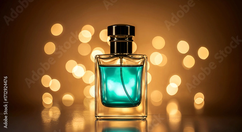 Teal Perfume Bottle with Metallic Cap on Golden Bokeh Background for Luxury Fragrance Styling and Emotional Impact
