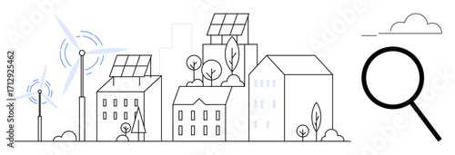 Urban buildings with solar panels and trees alongside wind turbines and magnifying glass symbol. Ideal for sustainability, renewable energy, technology, eco-living, green cities, research, smart