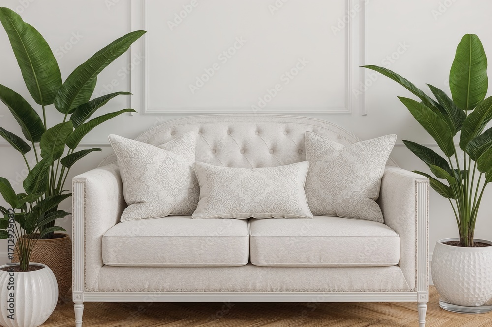 Fototapeta premium Mockup of white ornamental furniture featuring elegant plants and cushion covers