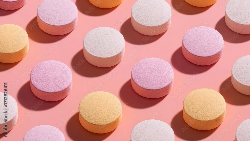 Obraz premium Pastel-colored pills in a grid pattern on a pink surface