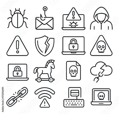 Cybersecurity icons: bug, phishing, malware, trojan, threats, network security warning