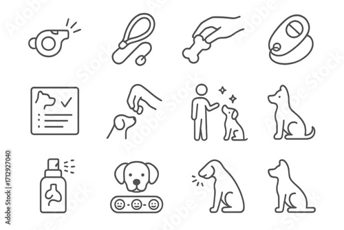 Training chart clicker dog icons whistle calming pet session sit obedience vector