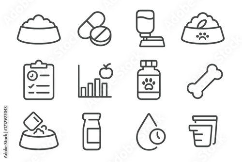 Vector food schedule control portion feeding dispenser icon nutrition icons pet bottle