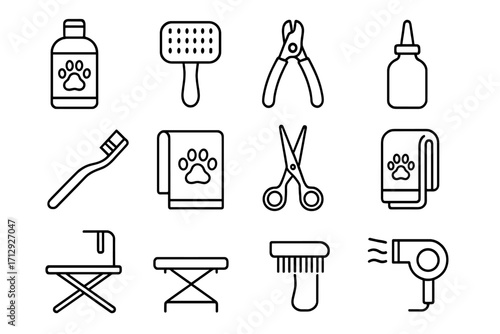 Flea ear icon pet shampoo towel grooming essentials vector bottle comb brush