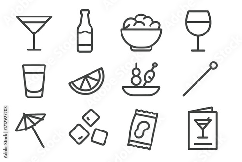 Wine snack bowl cubes umbrella drink cocktail shot vector icons glass icon