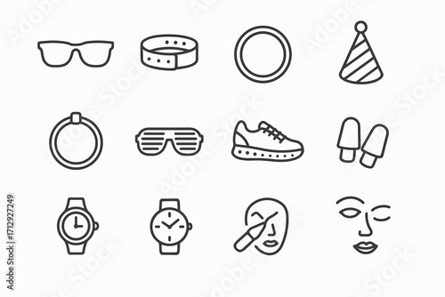 Wristwatch hat bracelet party neon icons vector accessories wristband earplugs shoes icon