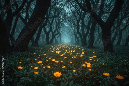 Journey Through a Perilous Realm: A Luminous Trail of Blossoms and Mysterious Silhouettes in an Enchanted Woodland with Magical Arches