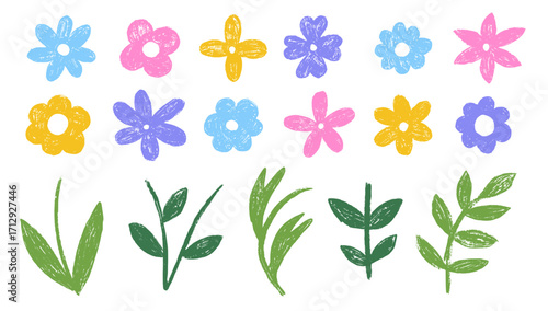 Botanical floral textured elements. Abstract chalk simple cute flowers. Child color crayon chalk botanical plant.