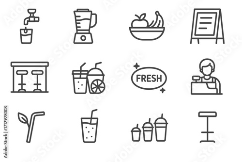 Fruit glass fresh juice smoothie counter menu vector straw icons bar icon