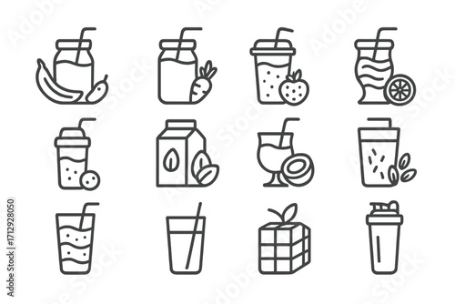 Milk almond bottle icon collection glass berry banana blend smoothie protein vector