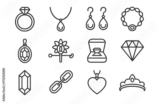 Vector collection jewelry necklace chain tiara pendant box icon bracelet diamond