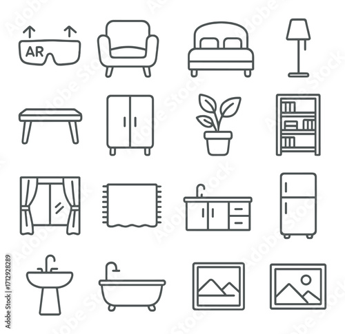 Outline icons of home furniture and decor including ar glasses and houseplants