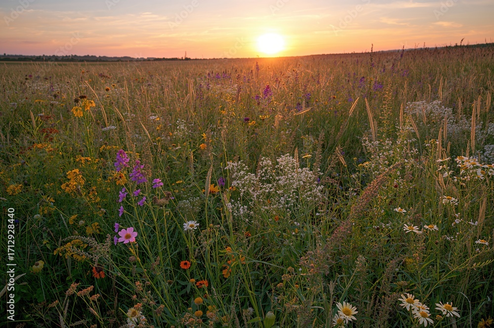 Naklejka premium Sunset over a natural wildflower field with grass and warm light