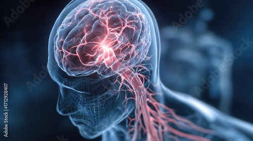 Medical illustration of brain stroke with the affected area highlighted in red colour. Neural connections in human brain. Healthcare and therapy concept