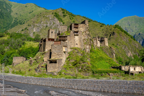 Old Fortress in mountain village Shatili, ruins of medieval castle. Khevsureti, Georgia