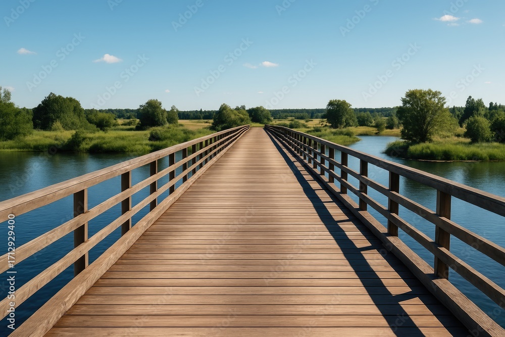 Obraz premium Rustic wooden bridge designed for cars, set against a picturesque landscape and bright blue sky