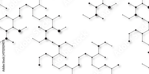 Abstract molecular structure pattern with connected hexagons and black dots on white background, scientific chemistry network concept, modern vector design for biotech, medicine, research, and tech.
