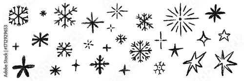 Hand drawn Christmas snowflakes and stars shape. Chalk or pencil drawing of a set of twinkle elements