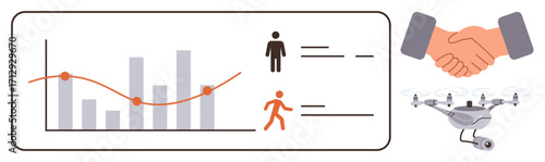 Bar chart with trend line, human figures representing data, handshake symbolizing partnership, and a quadcopter highlighting modern technology. Ideal for teamwork, technology, analytics, partnership