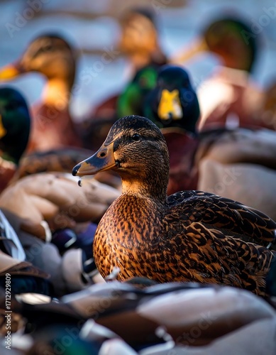 Close-up of a mallard duck amidst a flock