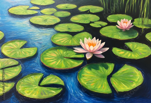 Oil pastels painting of water lilies in the pond