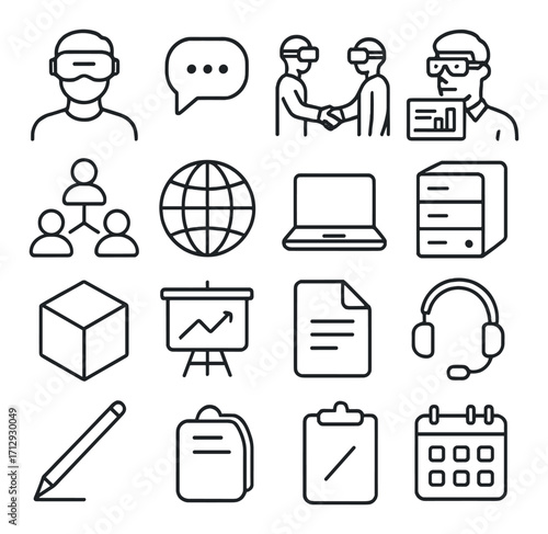 Virtual reality and business icons: vr headset, data analysis, communication, networking, globe, technology