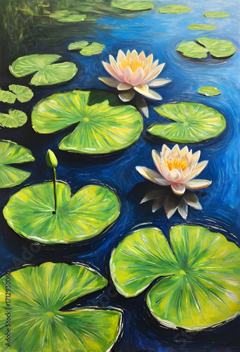  Oil pastels painting of white water lilies in the pond