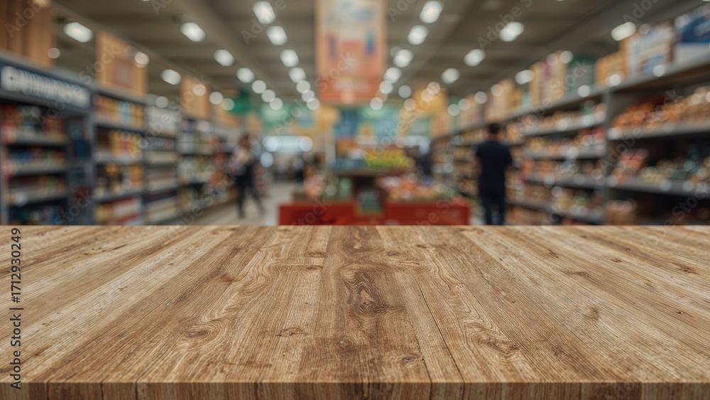 custom made wallpaper toronto digitalWooden surface with soft bokeh lighting and an out-of-focus supermarket setting behind