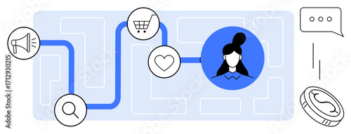 Path connecting icons for marketing, shopping cart, heart, user profile, highlighting interactions. Ideal for user experience, marketing strategy, customer behavior, journey mapping communication