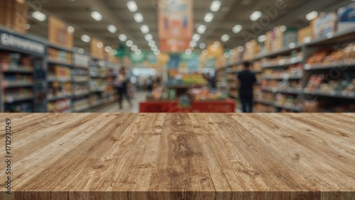 Wallpaper Mural Wooden surface with soft bokeh lighting and an out-of-focus supermarket setting behind Torontodigital.ca