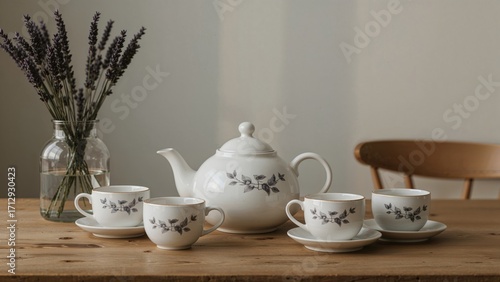 Wallpaper Mural Hand-painted ceramic teapot and cups arranged on a wooden surface, evoking a sense of warmth and heritage. Torontodigital.ca