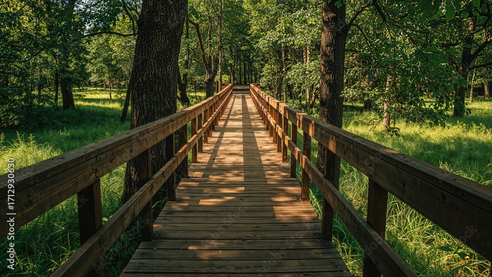 Fototapeta premium Scenic wooden pathway surrounded by lush greenery in summertime