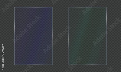 Realistic portrait shiny glossy colorful glass panel with blue green light glare reflective surface effect overlay on isolated background rectangle gradient window