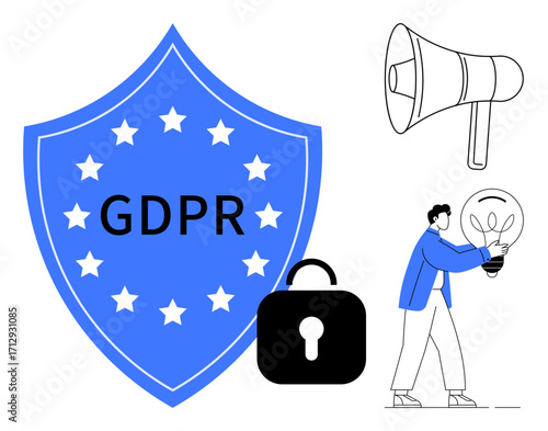 Shield with GDPR text surrounded by stars, secure padlock, megaphone, and person holding light bulb. Ideal for data protection, privacy, regulation, innovation, compliance technology and security