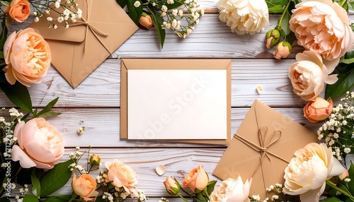 Pastel flowers and envelopes on wooden planks