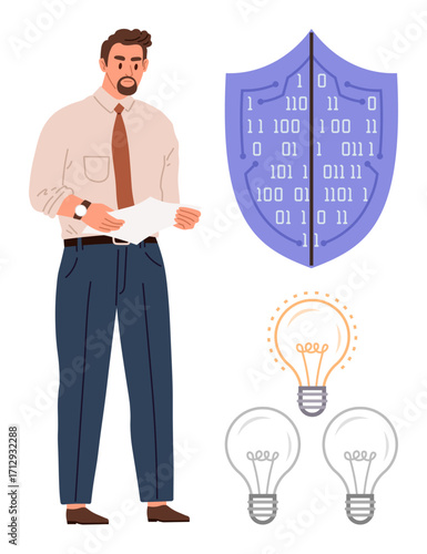 Man holding document near binary-coded shield and lightbulbs suggesting innovation, protection, and strategy. Ideal for business security, data protection, creativity, leadership, solutions