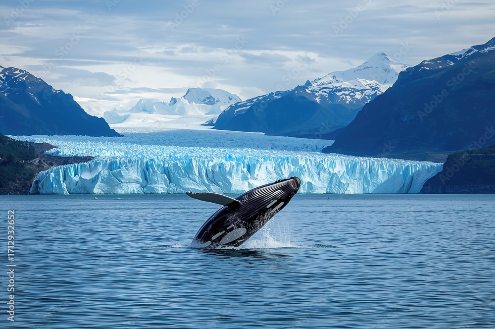 Obraz premium Opulent voyage on northern waters with panoramic views. Composite image of a humpback whale leaping from the sea against a backdrop of icy glaciers.