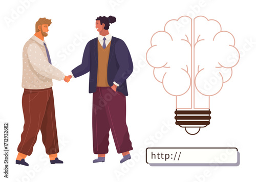 Two professionals shaking hands beside a creative lightbulb-shaped brain and a web address bar. Ideal for teamwork, partnership, creativity, innovation, online presence, strategy, and problem-solving