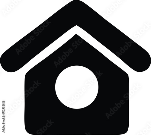 Simple black house icon with round opening represents shelter home dwelling real estate property concept