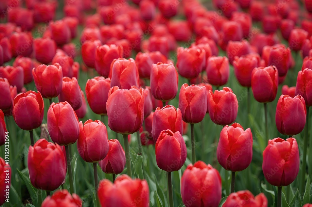 Obraz premium Bright red tulip field with blooming flowers in a sunny meadow. Springtime floral display with open tulip blossoms. Romantic scene with vibrant red tulips in full bloom.