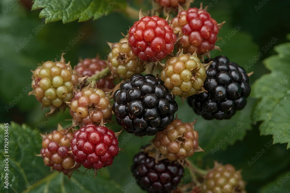 custom made wallpaper toronto digitalA detailed view of blackberries maturing on the vine, displaying colors shifting from green to dark red shades.
