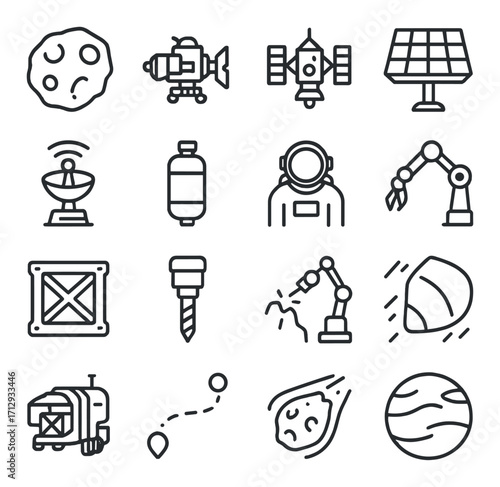 Space exploration icons: satellites, astronaut, robots, planets, asteroids