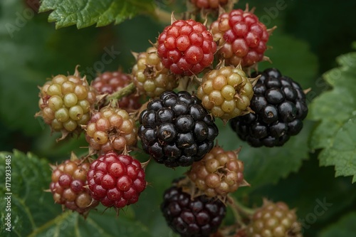 Wallpaper Mural A detailed view of blackberries maturing on the vine, displaying colors shifting from green to dark red shades. Torontodigital.ca