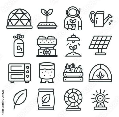 Futuristic sustainable farming icons featuring plants, solar panels, and greenhouse elements